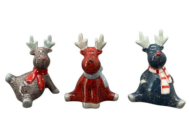 Reinsdyr rød/blå/brun keramikk 12cm 3ass Forpakn. 6stk 