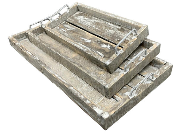 Serveringsbrett gråvasket tre metall s/3 50x26x6,5cm 60x31x6,5cm 