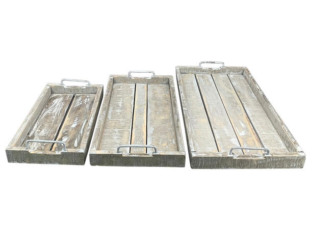 Serveringsbrett gråvasket tre metall s/3 50x26x6,5cm, 60x31x6,5cm 