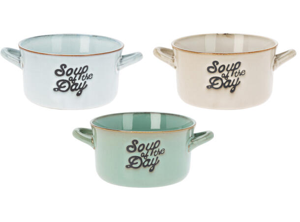 Skål Soup of the day 13,5x8cm 500ml 3ass Forpakning: 6stk Grå,grønn,blå keramikk 