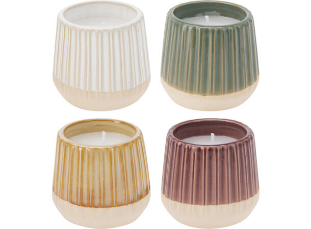 Stearinlys i keramikk krukke 7x6cm 4ass Farge: Krem, burgunder, amber, grønn 