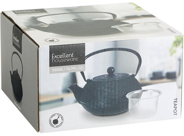 Tekanne støpejern 500ml svart 16x14,5cm Emaljert, Te-sil i rustfritt stål 