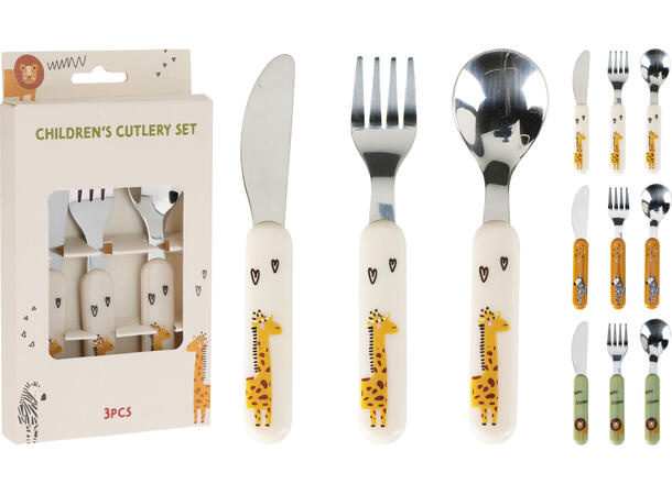 Bestikk 3 deler barn rustfritt 13cm 3ass Design: sebra, giraff, løve, krokodille 