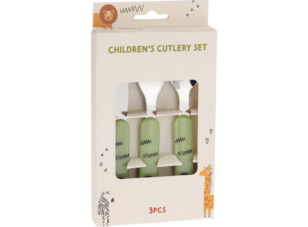 Bestikk 3 deler barn rustfritt 13cm 3ass Design: sebra, giraff, løve, krokodille 