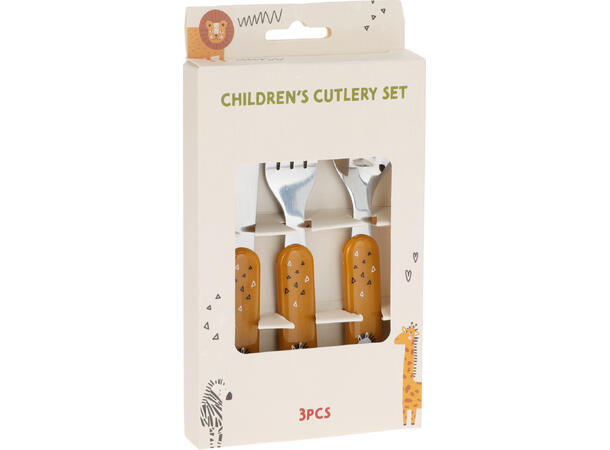 Bestikk 3 deler barn rustfritt 13cm 3ass Design: sebra, giraff, løve, krokodille 