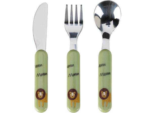 Bestikk 3 deler barn rustfritt 13cm 3ass Design: sebra, giraff, løve, krokodille 
