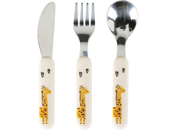 Bestikk 3 deler barn rustfritt 13cm 3ass Design: sebra, giraff, løve, krokodille 