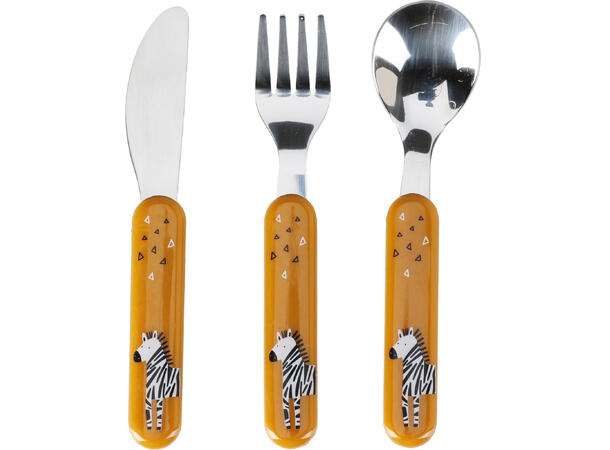 Bestikk 3 deler barn rustfritt 13cm 3ass Design: sebra, giraff, løve, krokodille 