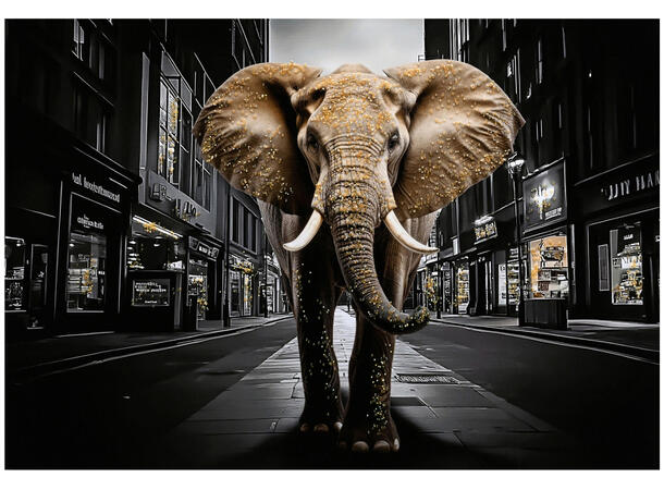 Bilde lerretstrykk elefant i by 70x100cm Shiny foliert fototrykk 