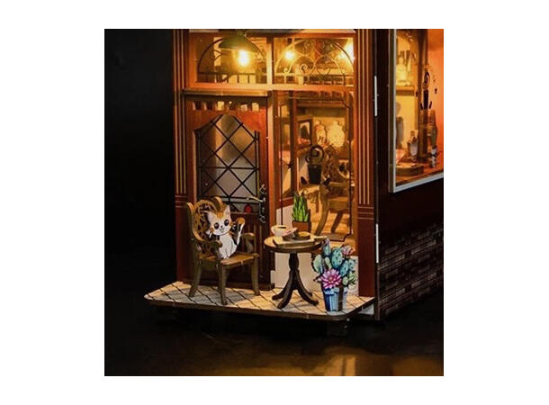 Book Nook Kafé 24,5x21,5x13cm MDF papir stoff LED lys uten batteri 