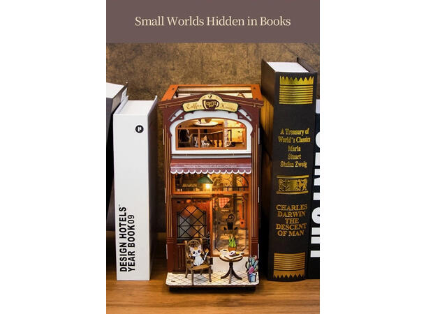 Book Nook Kafé 24,5x21,5x13cm MDF papir stoff LED lys uten batteri 