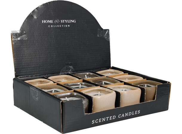 Duftlys porselen 6x6x5cm 4ass Display med 12stk. Brenntid 5 timer 