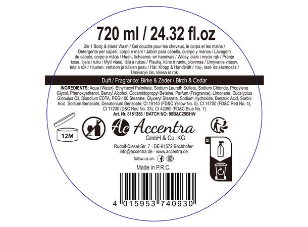 Dusj- og håndsåpe mørk Cheers 720ml Bjørk / seder Vegansk Uten parabenerSLES 