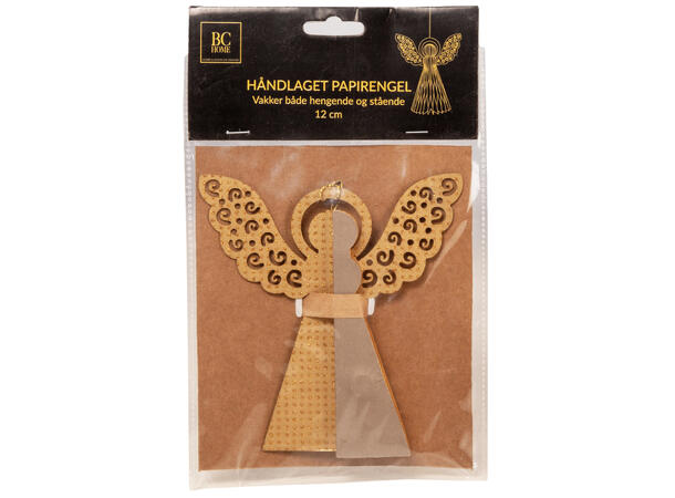 Engel papir henge mild greige gull 12cm 