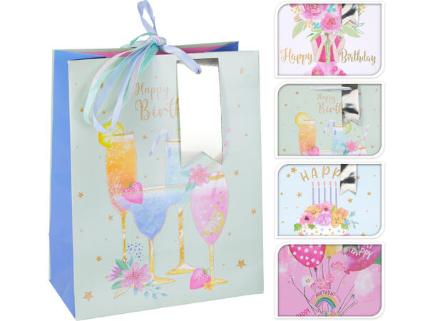 Gavepose Bursdag glitter 23x18x10cm 4ass Cocktail,blomster,ballong,kake,  24stk 