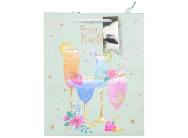 Gavepose Bursdag glitter 23x18x10cm 4ass Cocktail,blomster,ballong,kake,  24stk 