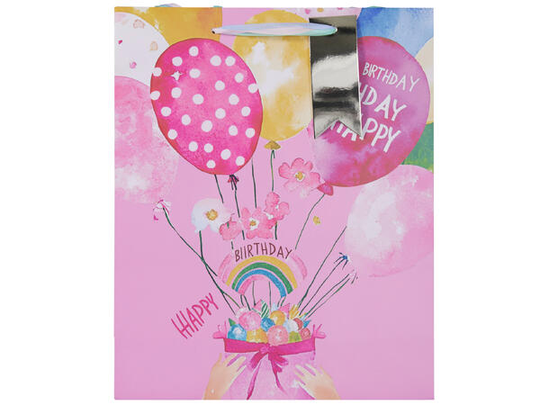 Gavepose Bursdag glitter 23x18x10cm 4ass Coctail, blomster, ballong, kake 