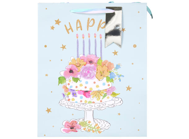 Gavepose Bursdag glitter 23x18x10cm 4ass Coctail, blomster, ballong, kake 