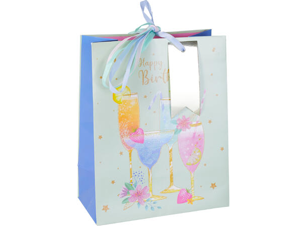 Gavepose Bursdag glitter 23x18x10cm 4ass Cocktail,blomster,ballong,kake,  24stk 