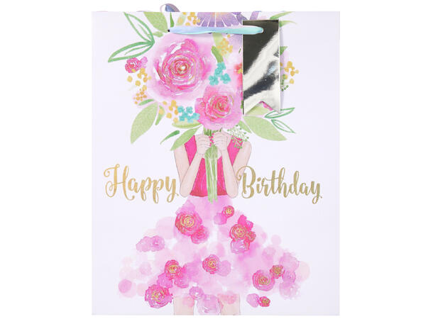 Gavepose Bursdag glitter 23x18x10cm 4ass Cocktail,blomster,ballong,kake,  24stk 