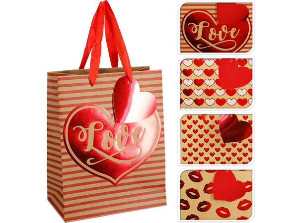 Gavepose kraft hjerter 23x18x10cm 4ass Med satengbånd og gavelapp 