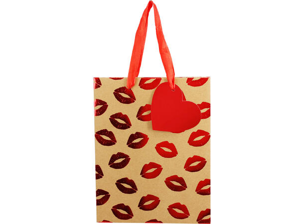 Gavepose kraft hjerter 23x18x10cm 4ass Med satengbånd og gavelapp 