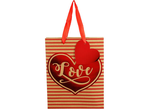 Gavepose kraft hjerter 23x18x10cm 4ass Med satengbånd og gavelapp 