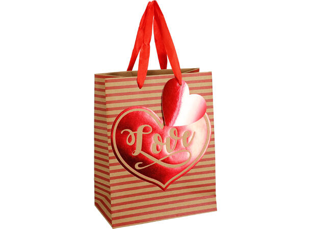 Gavepose kraft hjerter 23x18x10cm 4ass Med satengbånd og gavelapp 