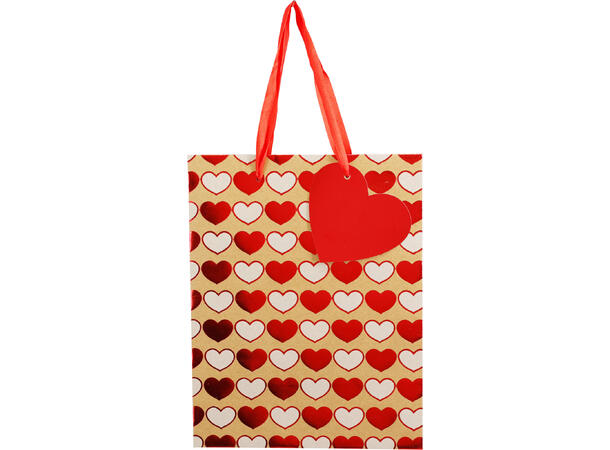 Gavepose kraft hjerter 23x18x10cm 4ass Med satengbånd og gavelapp 