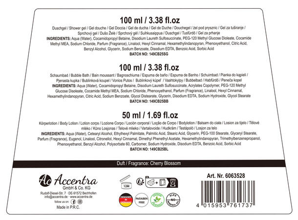 Gavesett Dusjsåpe skumbad lotion Cherry Vegansk Uten mineralolje og parabener 