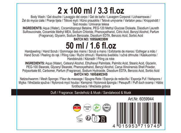 Gavesett i badekar Dusjsåpe skrubb/svamp Sandal & Musk Vegansk Uten paraben/SLES 