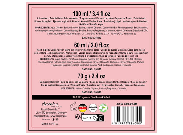 Gavesett skum krem badesalt i miniskap Vegansk Uten parabener/SLES m/roseduft 