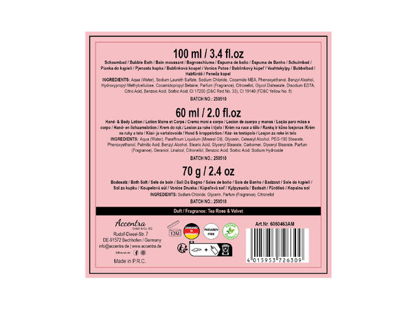 Gavesett skum krem badesalt i miniskap Vegansk Uten parabener/SLES m/roseduft 