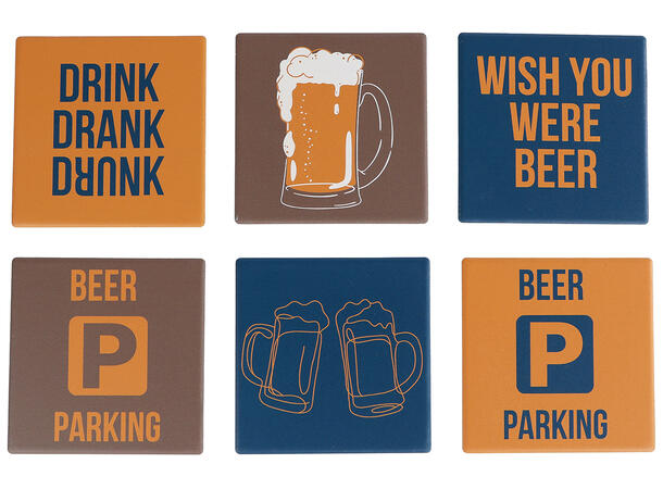 Glassbrikke Beer keramikk 10x10cm 6ass Display med 36 stk 