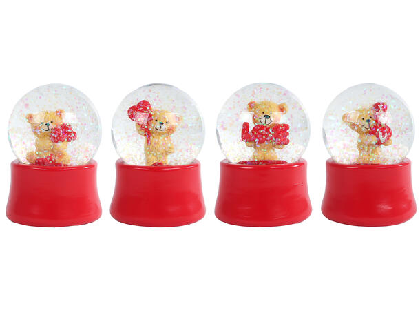 Glasskule med snø bamse m/hjerte 4ass 5,5x7cm,Forpakn.12stk 