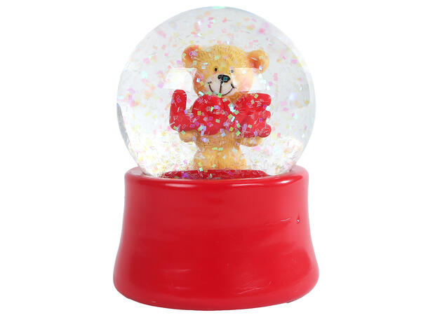 Glasskule med snø bamse m/hjerte 4ass Forpk 12stk 5,5x7cm 