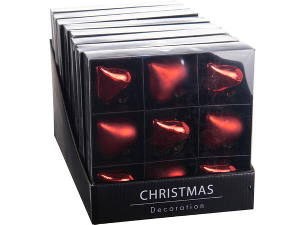 Hjerter glass rød 7,5cm 9stk Matt/blank 9 stk i eske/på brett 