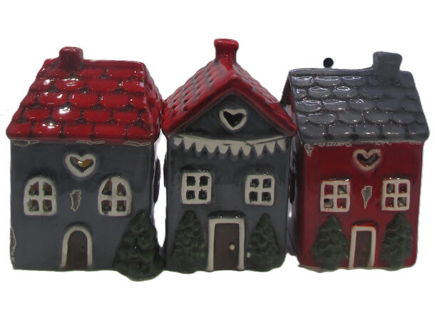 Hus grålig LED keramikk 6,4x7x10cm 3ass 