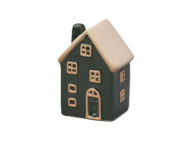 Hus grønn keramikk m/hvit 6,7x4,6x8,5cm Til telys og led telys 