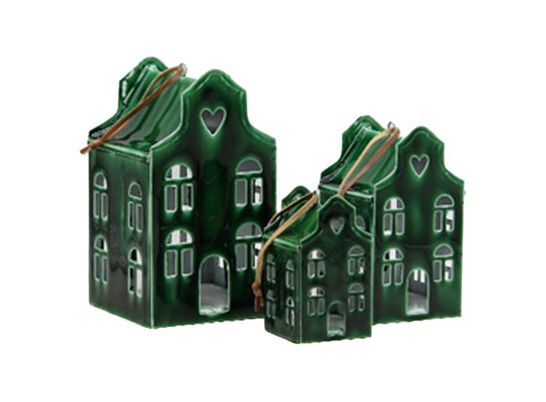 Hus lykt grønn emaljert metall 6x6x10cm Til telys og led telys 