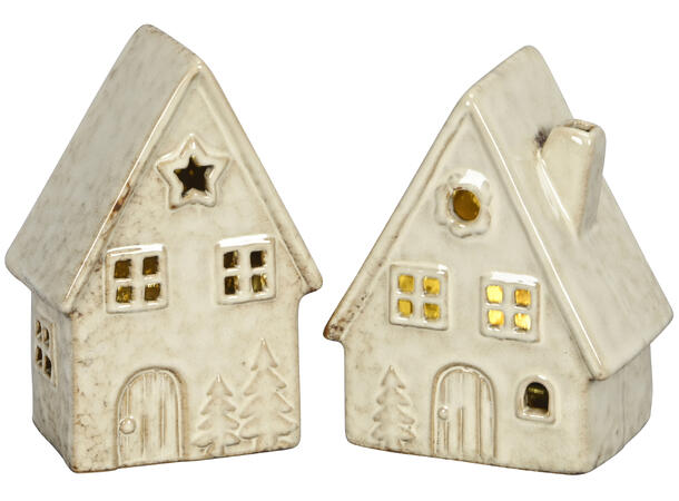 Hus telys antikkbrun keramikk 2ass 9,5x6,5x12cm / 9x5,5x13cm 