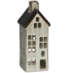 Hus telys keramikk krem m/brun h:21,5cm 8,5x8x21,5cm