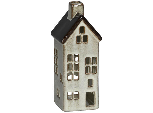 Hus telys keramikk krem m/brun h:21,5cm 8,5x8x21,5cm 