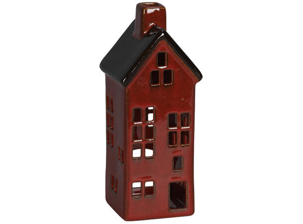 Hus telys keramikk rød m/brun h:21,5cm 8,5x8x21,5cm 