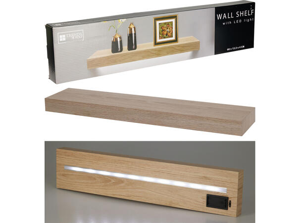 Hylle MDF brun m/LED-lys 60x40x12,5cm Batteri: 2xAA ikke inkludert 