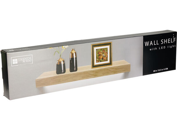 Hylle MDF brun m/LED-lys 60x40x12,5cm Batteri: 2xAA ikke inkludert 