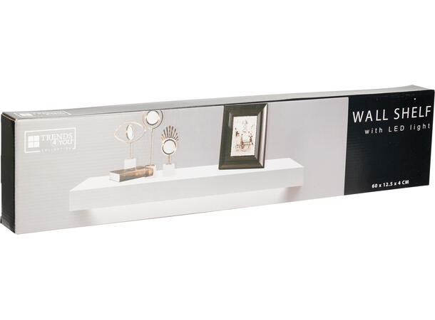 Hylle MDF hvit m/LED-lys 60x40x12,5cm Batteri 2xAA ikke inkl 