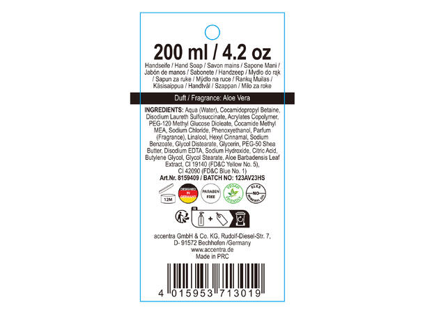 Håndsåpe glasspumpe 200ml Duft:Aloe Vera Vegansk Uten parabener/SLES m/aloe vera 
