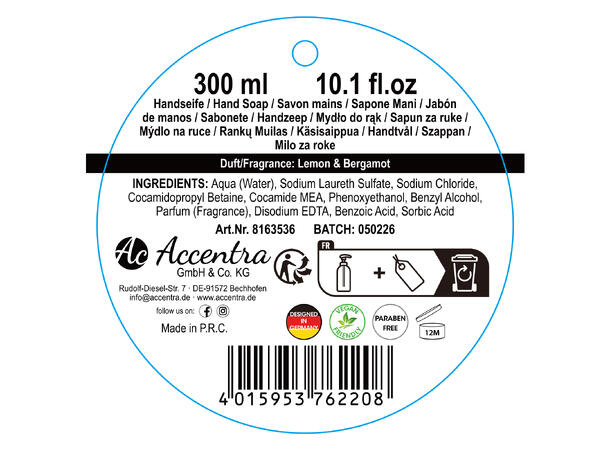 Håndsåpe pumpe 300ml Duft:Lemon/Bergamot Vegansk Uten parabener/SLES 