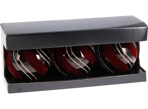 Julekule burgunder glass sett 8cm 3stk Velur/glitter med gulltopp 